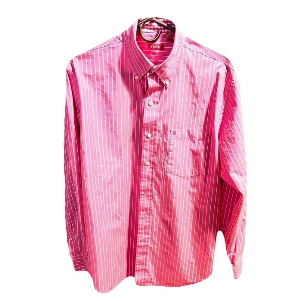 Izod Men's Long Sleeve Shirt Pink White Striped 100% Cotton Button Down Medium